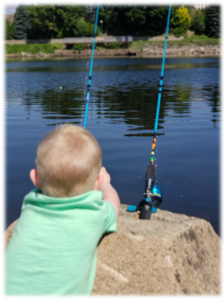 Child fishing off rock